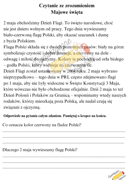 Majowe święta - Święto Pracy, Dzień Flagi, Konstytucja 3 Maja - 3 teksty doskonalące czytanie ze zrozumieniem KLASA 4-6
