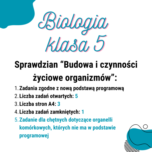 Biologia. Klasa 5. Sprawdzian. Budowa i czynności życiowe organizmów. Nowa podstawa programowa