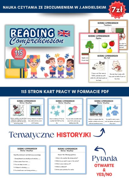 READING COMPREHENSION – nauka czytania ze zrozumieniem po angielsku 🇬🇧 115 stron