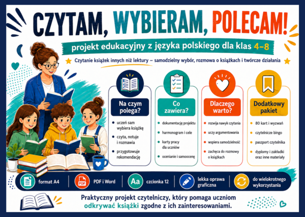 🌺 CZYTAM, WYBIERAM, POLECAM! Projekt czytelniczy z pakietem 80 kart i wyzwań dla klas 4–8 - język polski - biblioteka