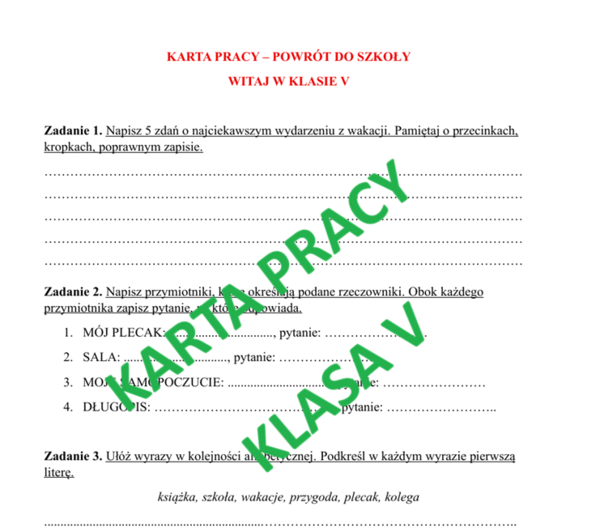 Karta pracy na rozpoczęcie nauki w klasie V