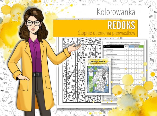 Chemia. Szkoła średnia. Reakcje REDOKS - Stopnie utlenienia pierwiastków. Kolorowanka naukowa. Karta pracy. Zadanie.