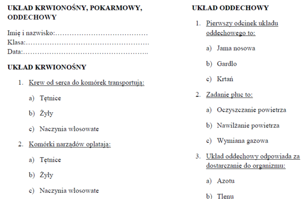 Układ krwionośny, oddechowy, pokarmowy