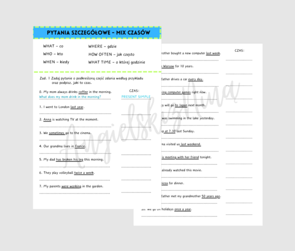 E8: Pytania szczegółowe - mix czasów - Present Simple / Present Continuous / Past Simple / Present Perfect / Past Continuous / Future Simple - egzamin ósmoklasisty - matura - angielski