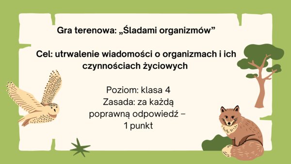 Gra terenowa, stacje zadaniowe przyroda klasa 4 "Poznajemy świat organizmów"