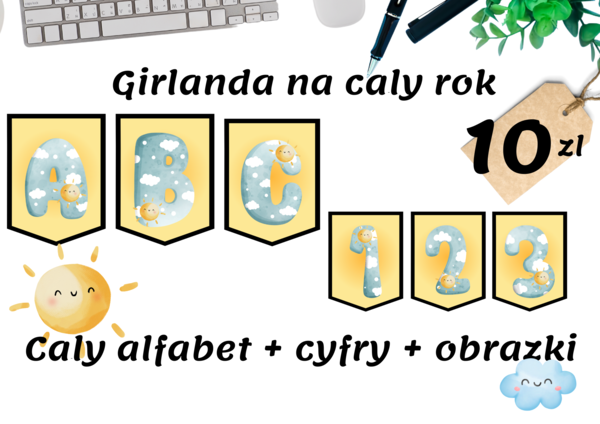 Girlanda na cały rok - Chmurki i Słoneczka litery oraz cyfry