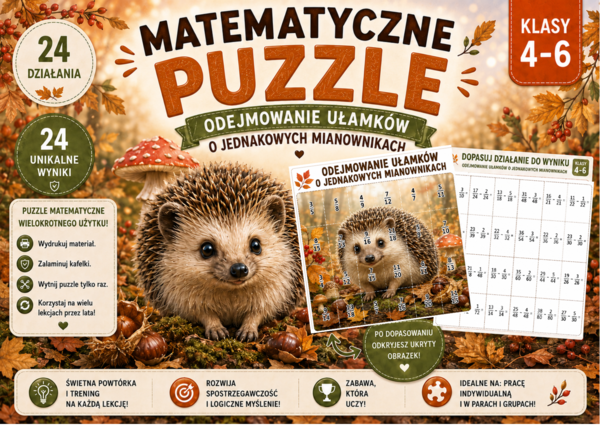 Matematyczne puzzle – odejmowanie ułamków o jednakowych mianownikach | klasy 4–6