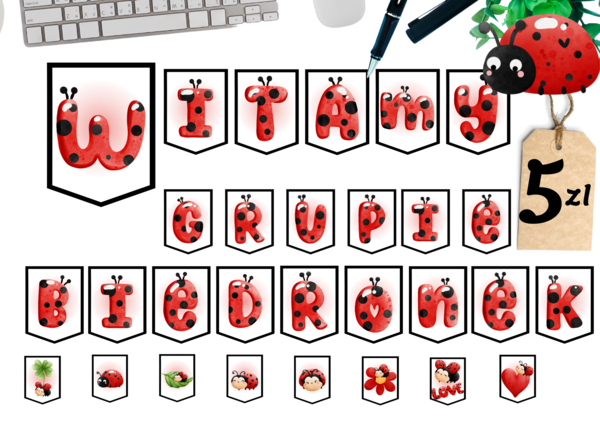 Witamy w grupie Biedronki - napis, girlanda - litera A4 + 8 obrazków