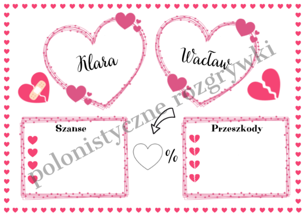 Walentynki na języku polskim. Miłosne szanse z bohaterami lektur. Wklejki. Klasy 7-8