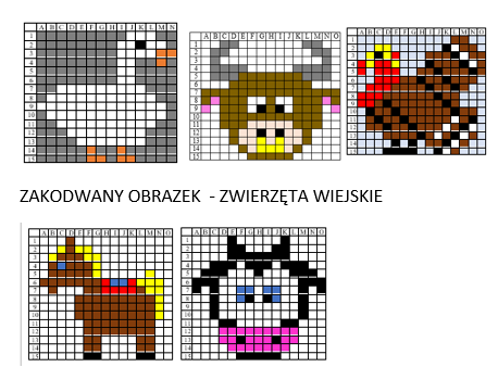 Zwierzęta Wiejskie - kodowanka - 5 obrazków zakodowanych na dwa sposoby