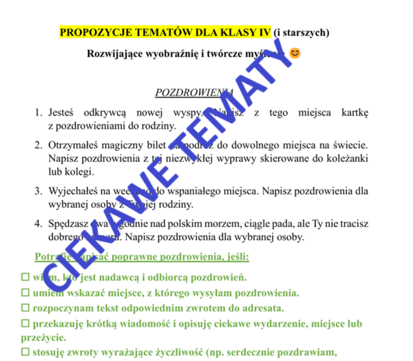 Tematy prac pisemnych dla uczniów klasy IV