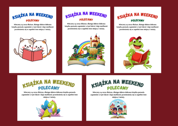 KSIĄŻKA NA WEEKEND – plakat – BIBLIOTEKA – gazetka – napis - 7 wersji