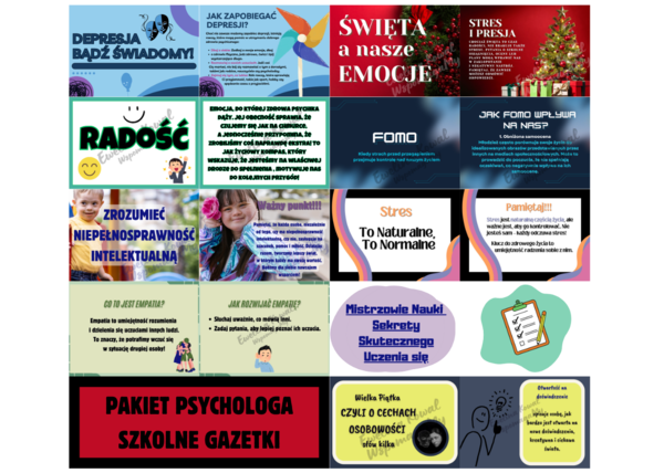 PAKIET PSYCHOLOGA SZKOLNE GAZETKI - a w nim: 9 gazetek na popularne okołopsychologiczne tematy oraz 3 plakaty wspierające do Twojego gabinetu!