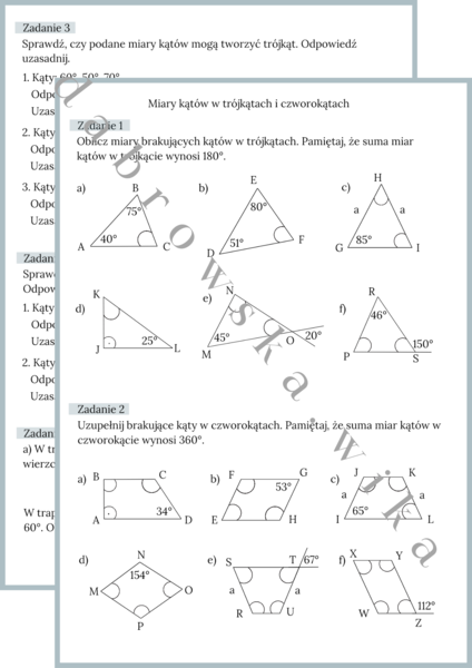 Miary kątów w trójkątach i czworokątach - karta pracy