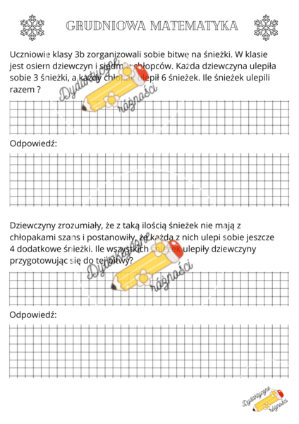 Grudniowa matematyka (10 zadań tekstowych). Mnożenie w zakresie 100.