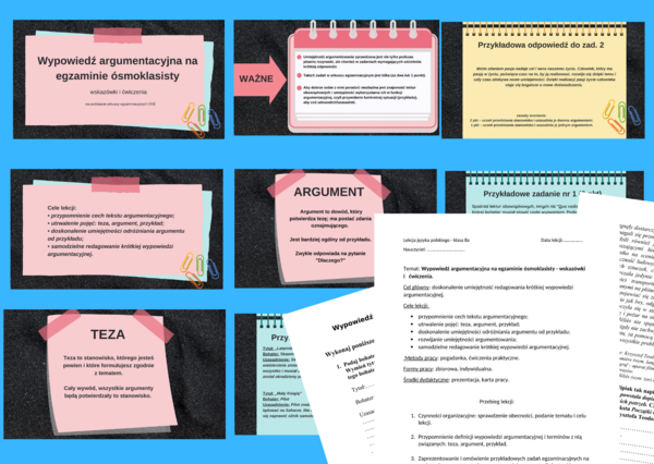 KRÓTKA WYPOWIEDŹ ARGUMENTACYJNA – prezentacja + karta pracy + scenariusz lekcji - lektury - kl.7-8 - egzamin