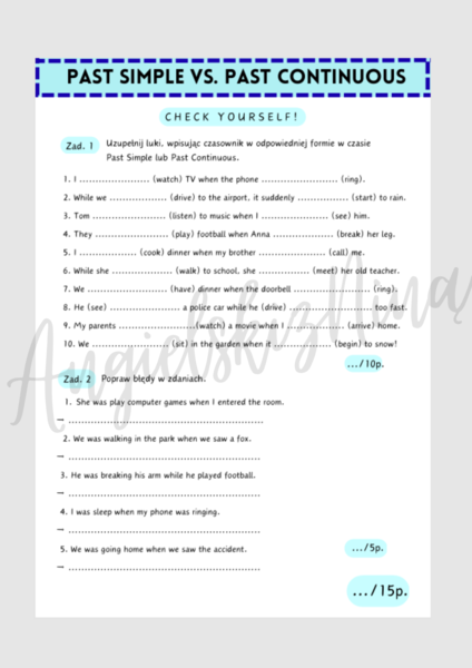 Past Simple vs. Past Continuous – Check yourself! – kartkówka – test – karta pracy – ćwiczenia – powtórzenie – E8 - matura - B1