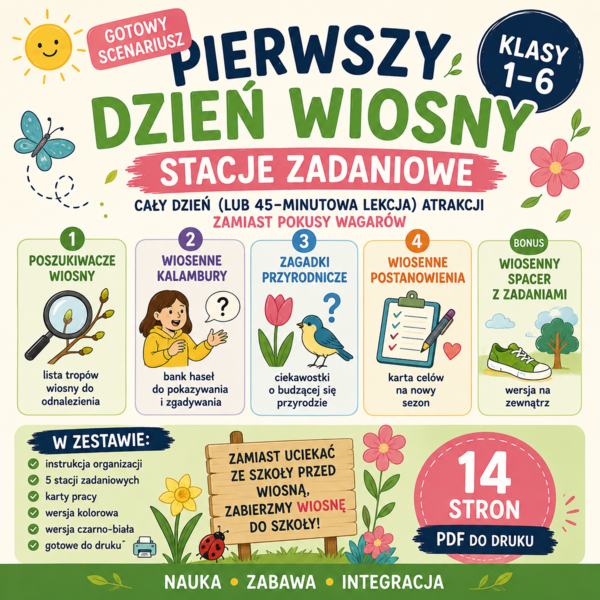 Pierwszy Dzień Wiosny – Stacje Zadaniowe | Gotowy Scenariusz + Karty Pracy | 21 Marca | PDF