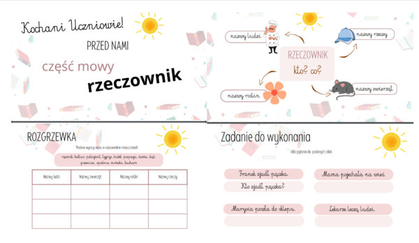 RZECZOWNIK - prezentacja, ćwiczenia, tablice demonstracyjne, karty pracy