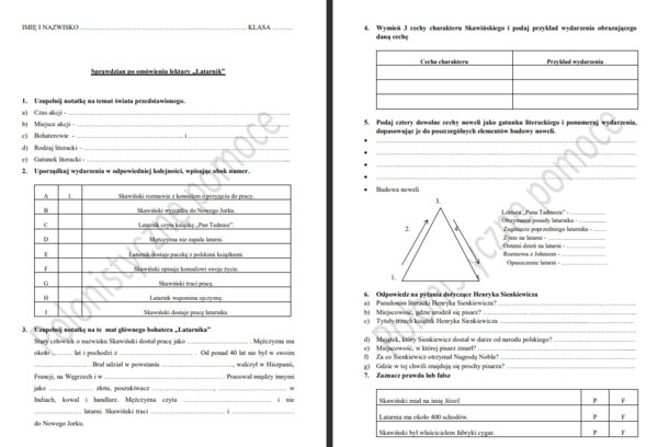 Sprawdzian po omówieniu lektury Latarnik