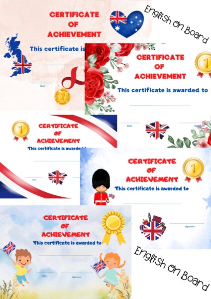 Certificate of Achievement - Dyplom / Certyfikat ukończenia kursu z języka angielskiego. 5 Wzorów