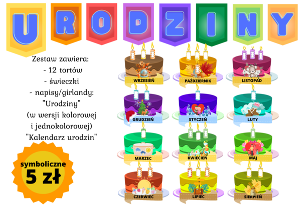 Kalendarz Urodzin - 12 tortów, świeczki - uniwersalny i ponadczasowy pakiet.
