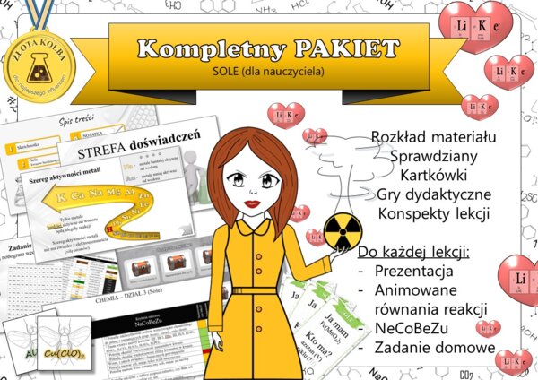Chemia Klasa 8. Sole. Kompletny PAKIET materiałów do całego działu dla nauczyciela. Prezentacja. Karta pracy. Gra dydaktyczna. Zadanie. Powtórzenie wiadomości. Kartkówka. Sprawdzian.