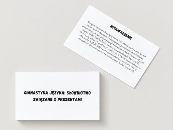 Gimnastyka języka: słownictwo związane z prezentami. Ilustracje przedmiotów (flashcards). Słowa kluczowe.