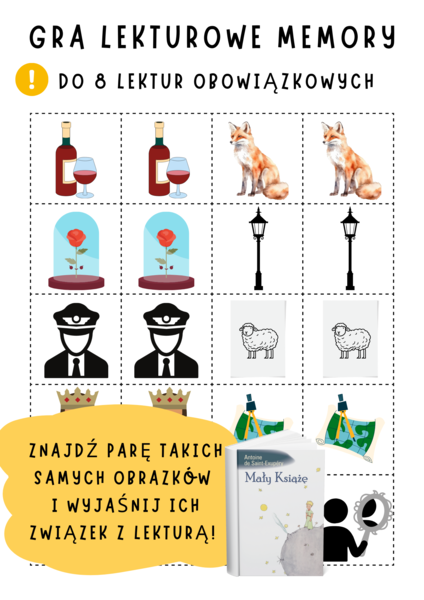 Gra dydaktyczna, lektury obowiązkowe 7-8 SP, egzamin ósmoklasisty