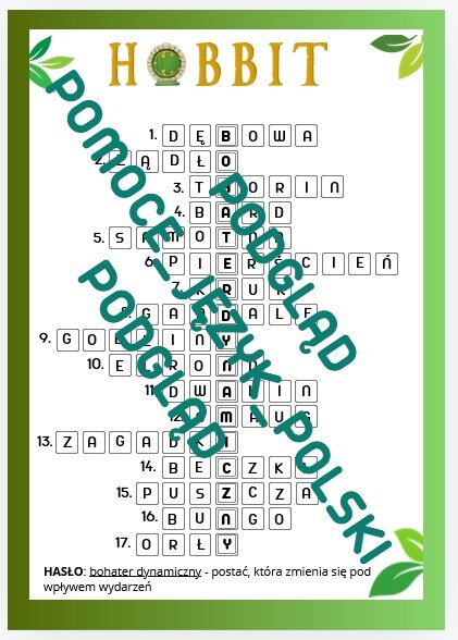 Hobbit - krzyżówka + odwrócona krzyżówka + klucz odpowiedzi