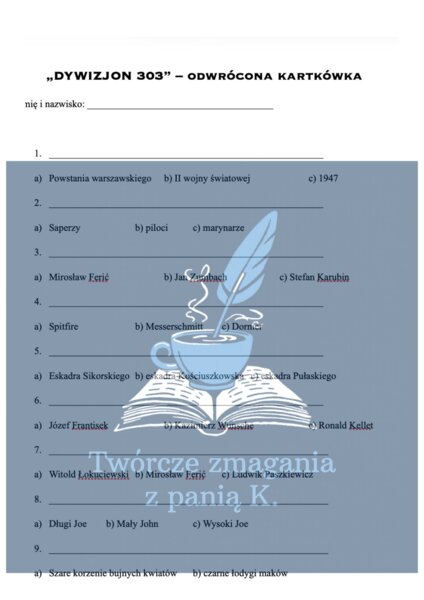 "Dywizjon 303" - kartkówka odwrócona - lektura uzupełniająca