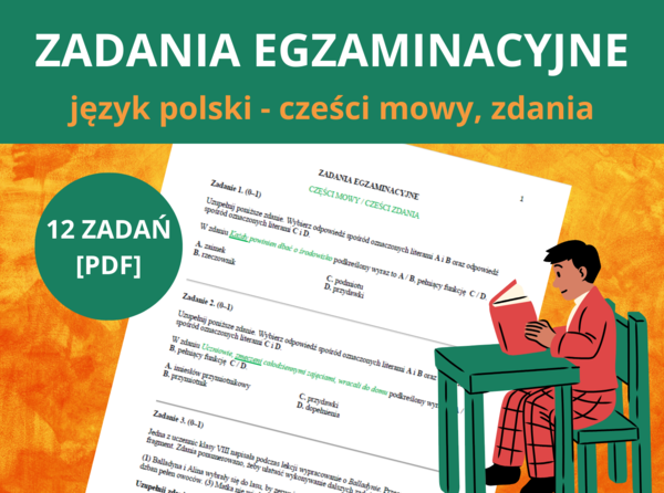 Karty pracy – Egzamin ósmoklasisty, język polski: gramatyka i składnia (zaimek, imiesłów, części zdania) – 12 zadań [PDF] - E8