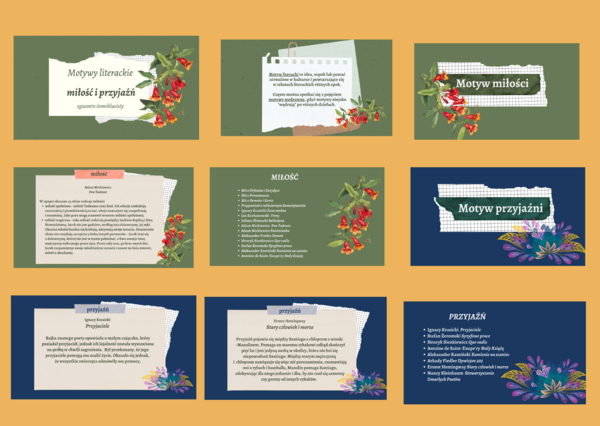 MOTYWY LITERACKIE – miłość i przyjaźń – prezentacja – 29 slajdów – lektury kl.7-8 i nie tylko – egzamin – powtórzenie