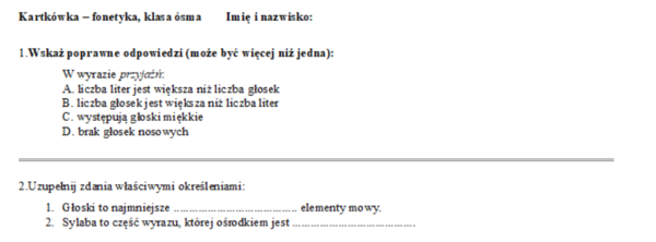 Kartkówka fonetyka, klasa ósma