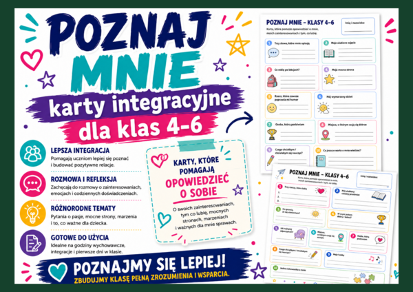 💜 POZNAJ MNIE – karty integracyjne dla klas 4–6
