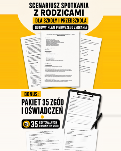 Pierwsze Zebranie Bez Stresu – gotowy scenariusz spotkania z rodzicami + pakiet 35 dokumentów