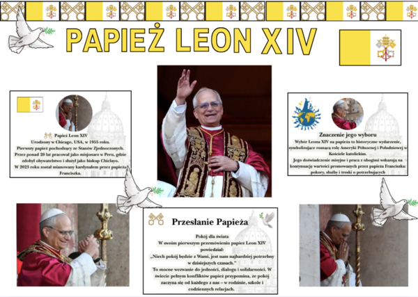 📜 GOTOWA GAZETKA – PAPIEŻ LEON XIV 🕊️ Nowy papież, nowa historia – piękna dekoracja do szkoły i nie tylko! 26 STRON DO DRUKU 🕊️