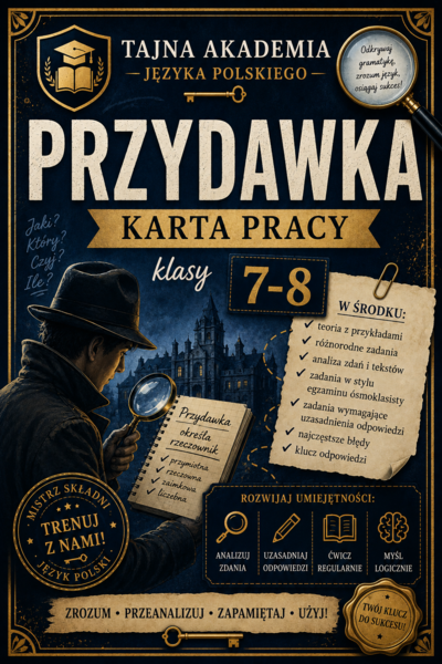Przydawka – karta pracy | Klasy 7–8 | Tajna Akademia Języka Polskiego | Rodzaje przydawki | PDF