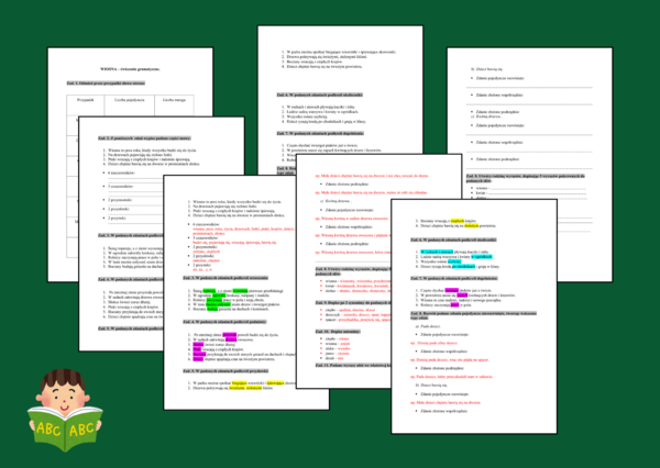 WIOSNA - ćwiczenia gramatyczne - GRAMATYKA - części mowy - części zdania - składnia - kl. 4-6 - karta pracy + ODPOWIEDZI