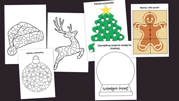Świąteczne karty pracy, wyklej, wytnij, pokoloruj