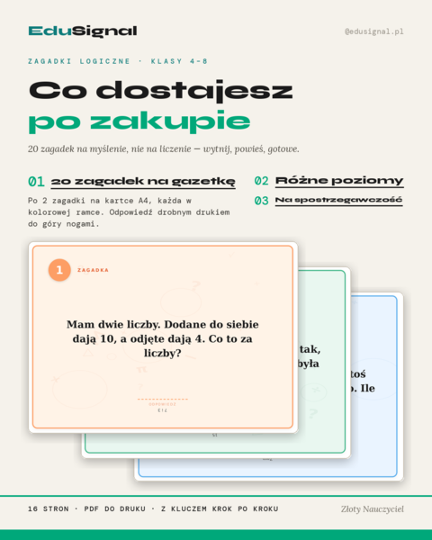 Zagadki logiczne na gazetkę do sali matematycznej — 20 zagadek + klucz (klasy 4–8)