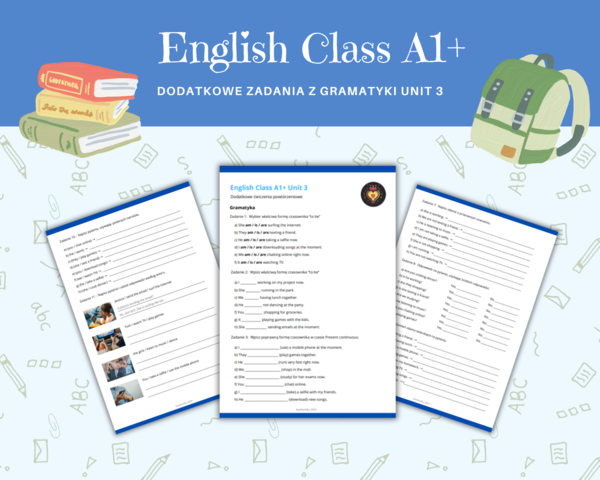 English A1 + Plus Grammar Worksheet Unit 3 Present Continuous Karty pracy Gramatyka Klasa 5 Odmiana to be Zdania twierdzące, przeczenia pytania i krótkie odpowiedzi