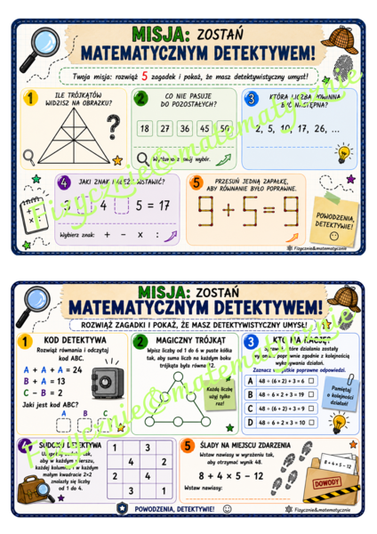 MISJA: Zostań Matematycznym Detektywem! Łamigłówki matematyczne na pierwsze lekcje i nie tylko.