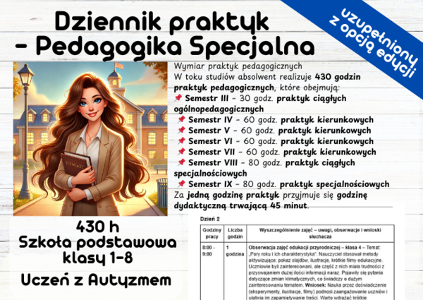 Dziennik praktyk - Pedagogika Specjalna -430 h Szkoła podstawowa klasy 1-8 - Uczeń z Autyzmem