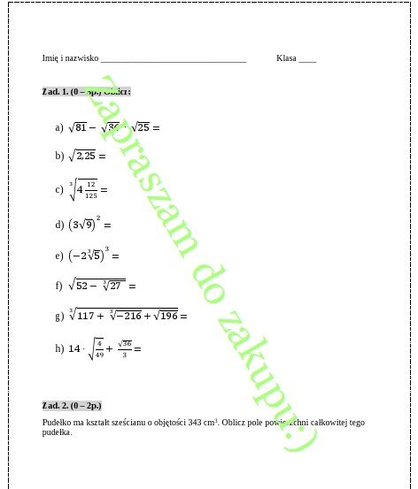 Pierwiastek kwadratowy i sześcienny - kartkówka.