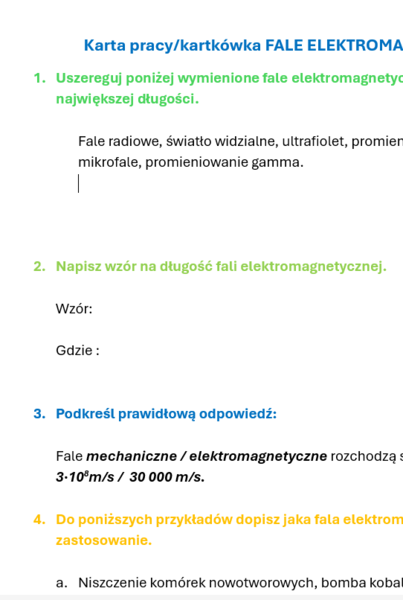 Fale elektromagnetyczne. Karta pracy/kartkówka.