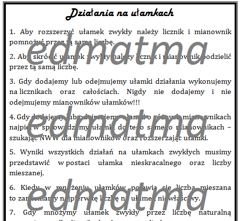 Działania na ułamkach zwykłych - teoria (wklejka do zeszytu)
