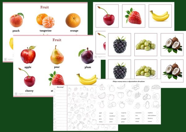 Angielski– Materiały z zakresu leksykalnego Owoce: słownik obrazkowy, Memory, 2 ćwiczenia