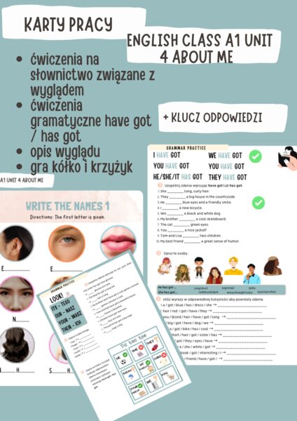 Karty pracy English  Class A1 unit 4 About me, ćwiczenia have got/has got, opis wyglądu