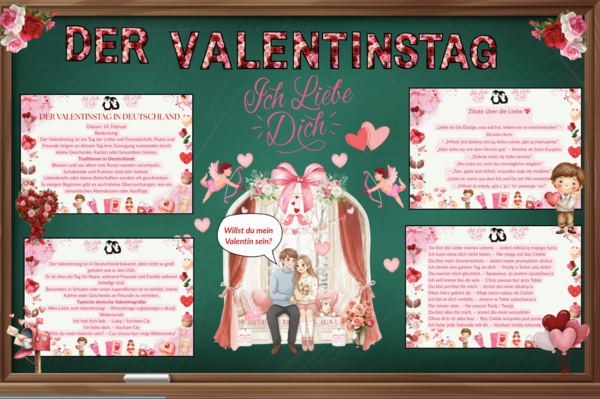 Gazetka w języku niemieckim Der Valentinstag| zawiera informacje o walentynkach, miłosne zwroty oraz cytaty o miłości| Główny plakat 4 x A4| Bonusowa grafika-niespodzianka| 38 stron łatwych do wydruku i wycięcia